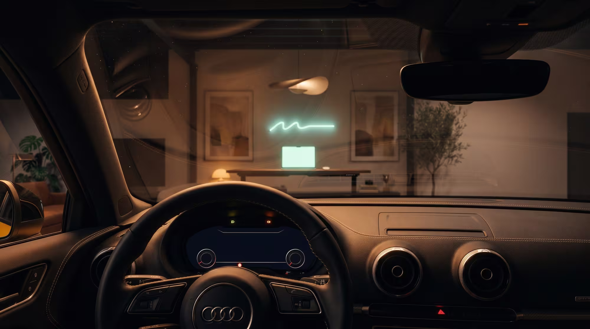 The studio seen through the windshield from the driver seat